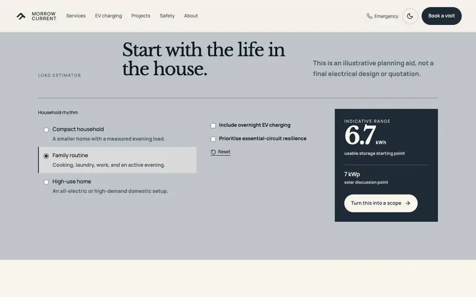 Morrow Current — Solar, Storage & Electrical interior page and content preview