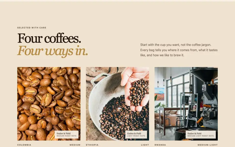 Ember & Field — Specialty Coffee Storefront interior page and content preview
