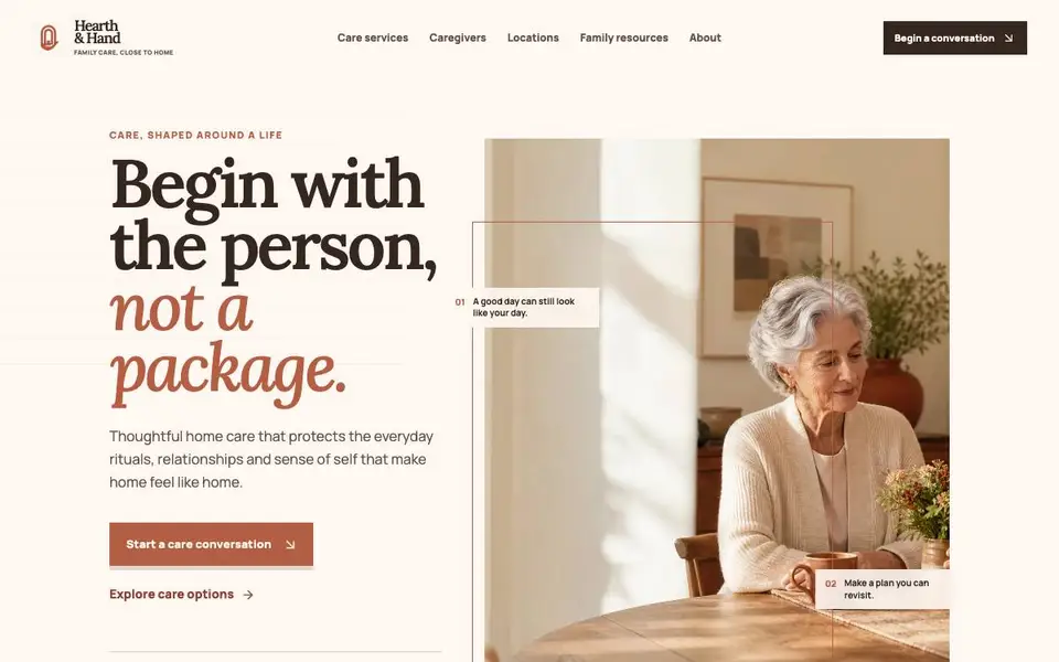 Hearth & Hand — Warm Family Care Agency website screenshot