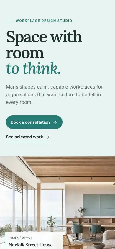Maris Workplace Studio mobile website preview