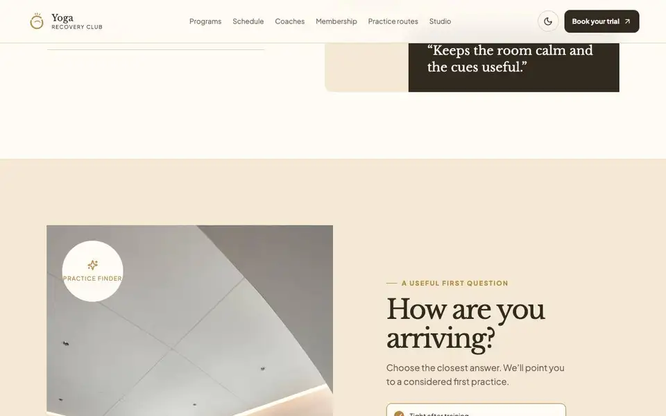 Yoga Recovery Club interior page and content preview